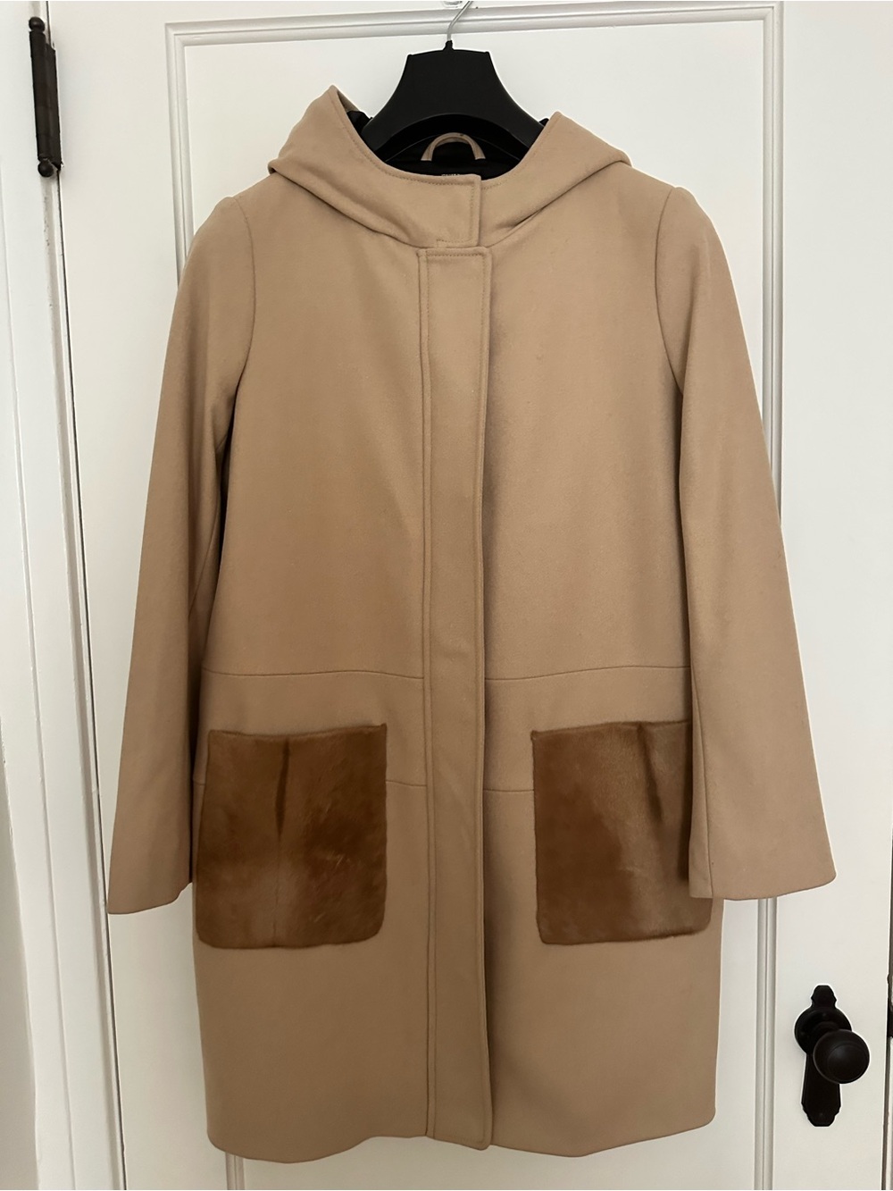 Club Monaco Hooded Wool Coat with Dyed Calf Leather Hair/Fur Pockets
